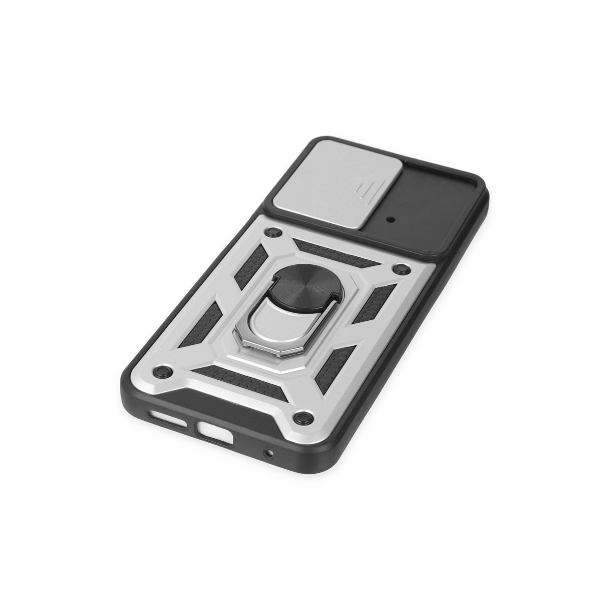 Gümüş renkli telefon kılıfı, halka tutucu ve kaydırılabilir kamera kapağı.