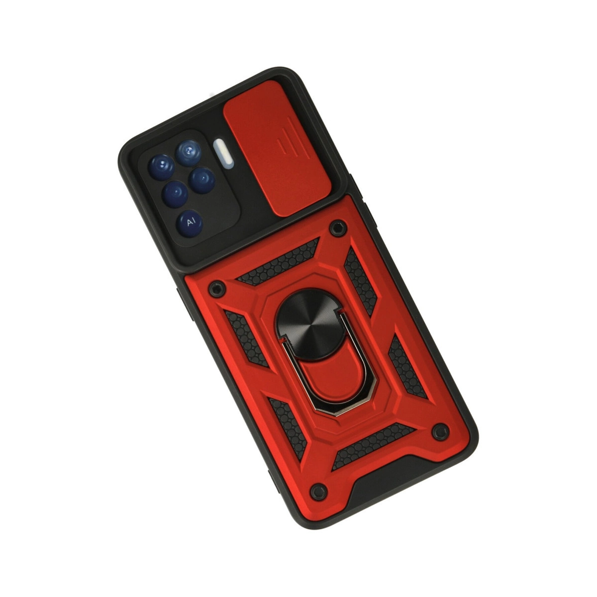 Siyah halka tutuculu ve kamera kapaklı kırmızı telefon kılıfı.