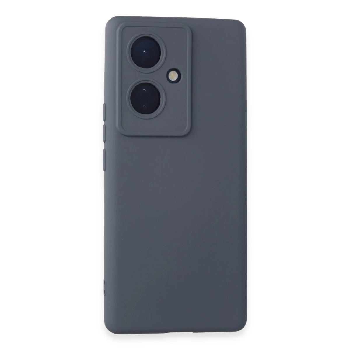 Arkada flaşlı iki kamera lensi olan koyu gri telefon kılıfı.