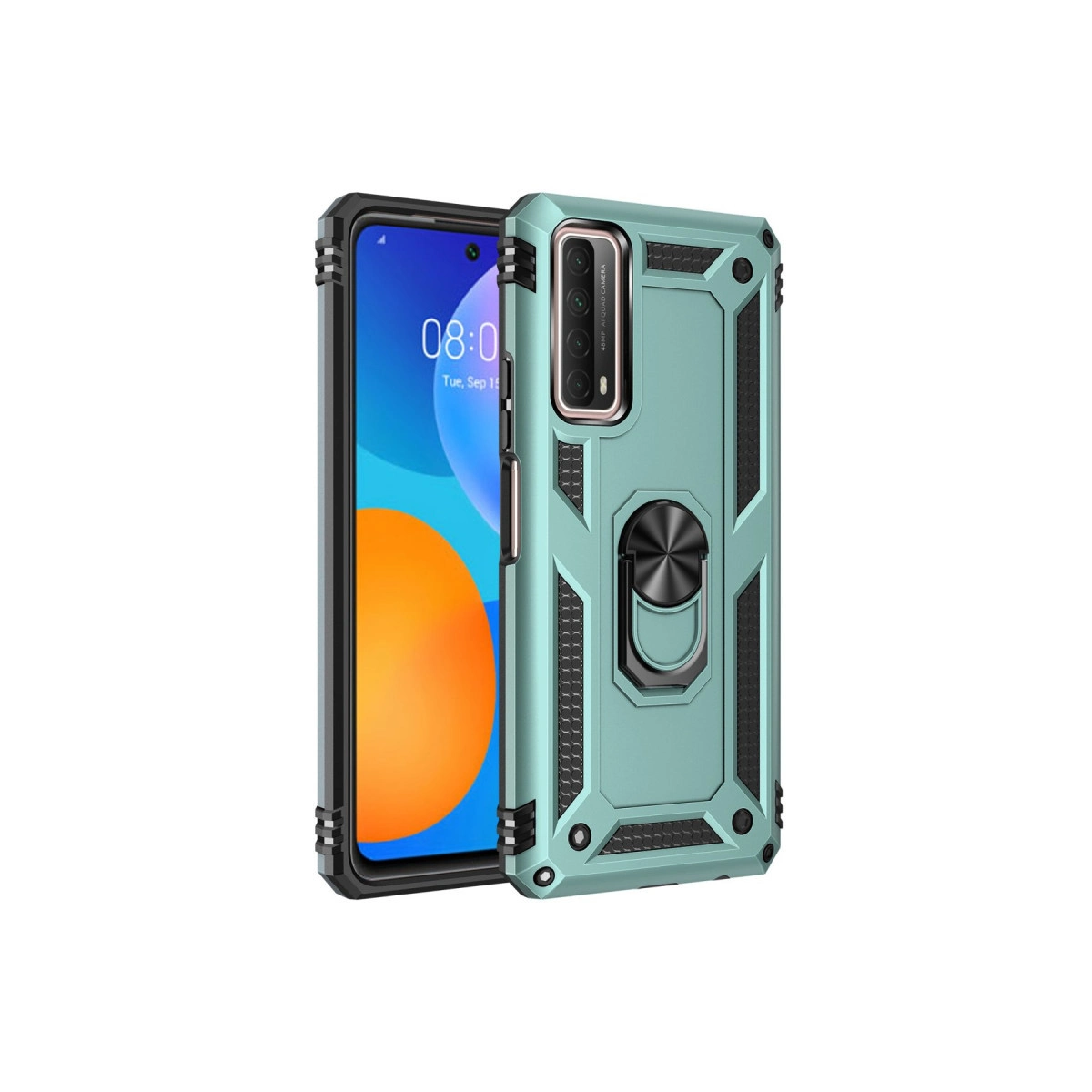 Halka tutuculu turkuaz telefon kılıfı, ekranda saat ve tarih gösteren bir akıllı telefonda.
