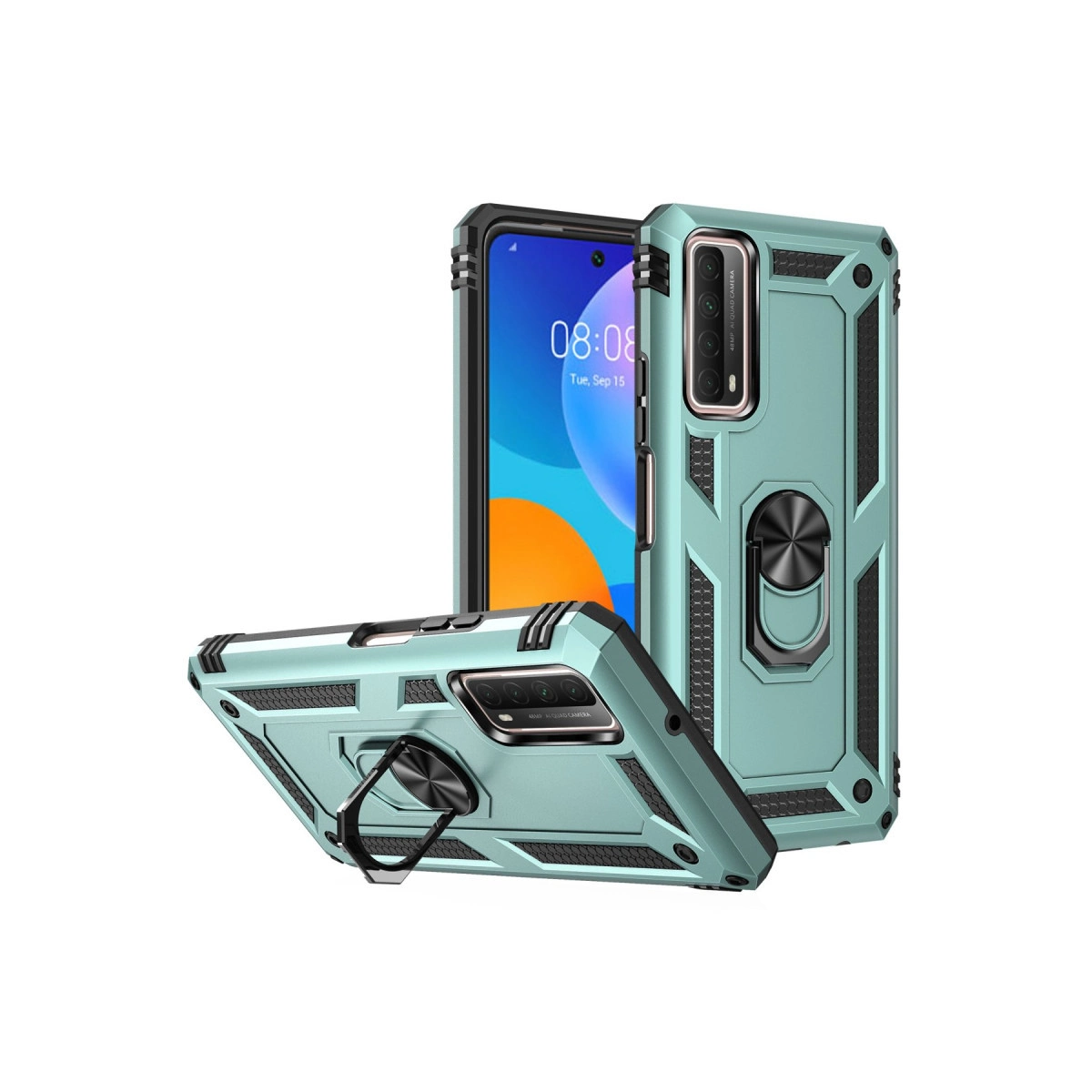 Halka tutuculu iki turkuaz telefon kılıfı, biri dik, biri yatay.