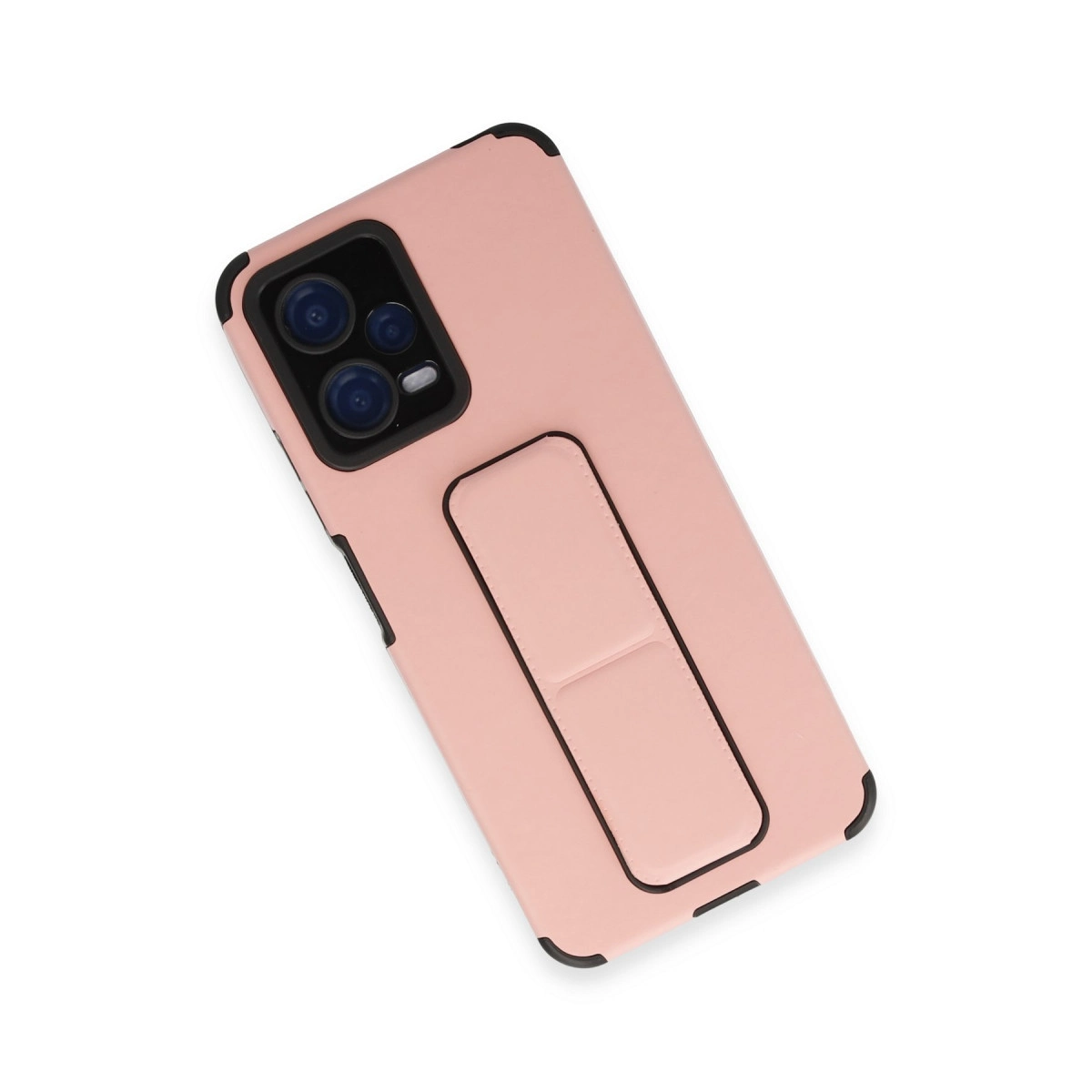 Entegre stantlı, siyah kenarlı pembe telefon kılıfı.