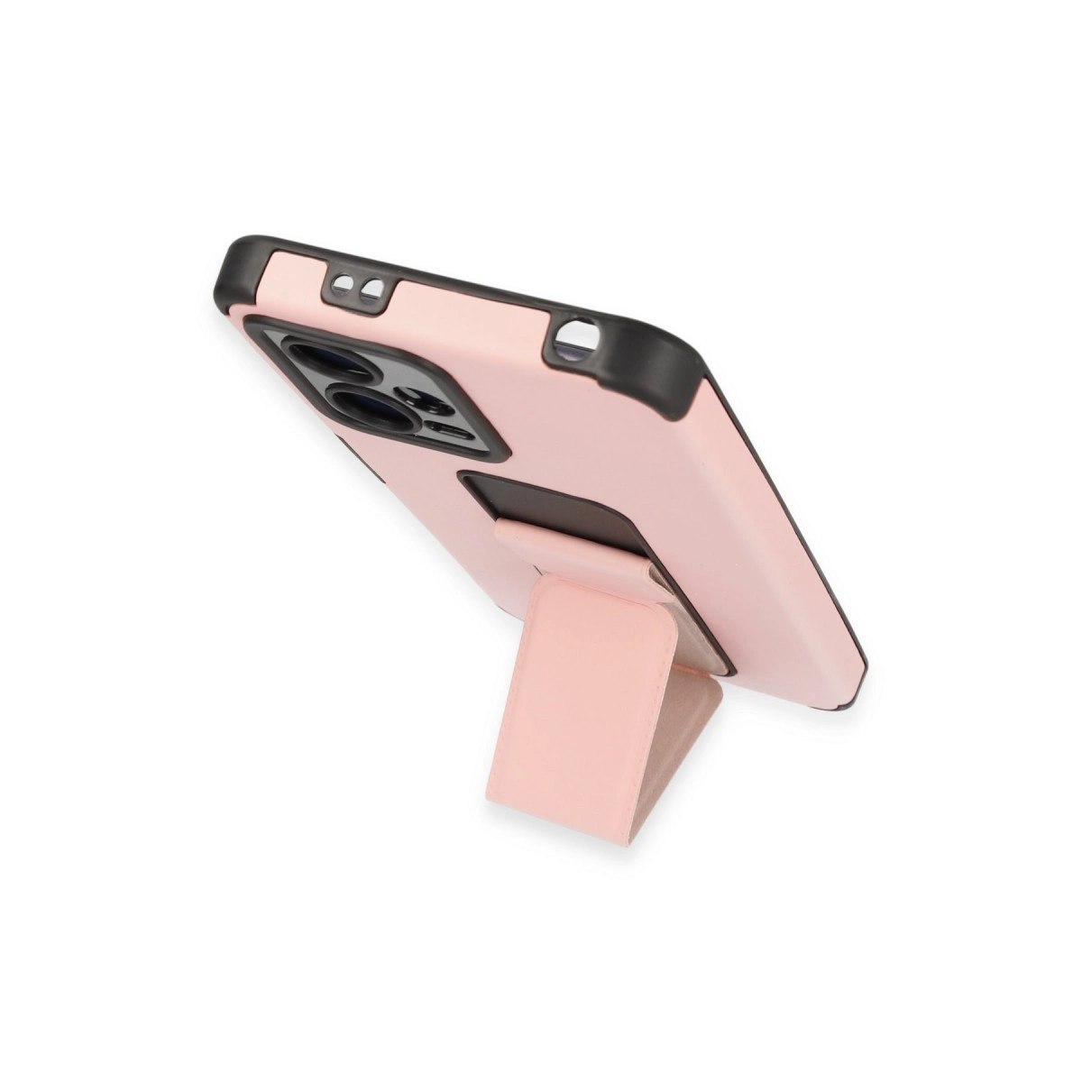 Beyaz arka plan üzerinde entegre stantlı pembe telefon kılıfı.