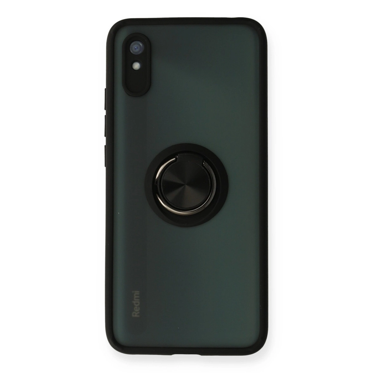 Halka tutuculu ve kamera modüllü koyu yeşil telefon kılıfı.