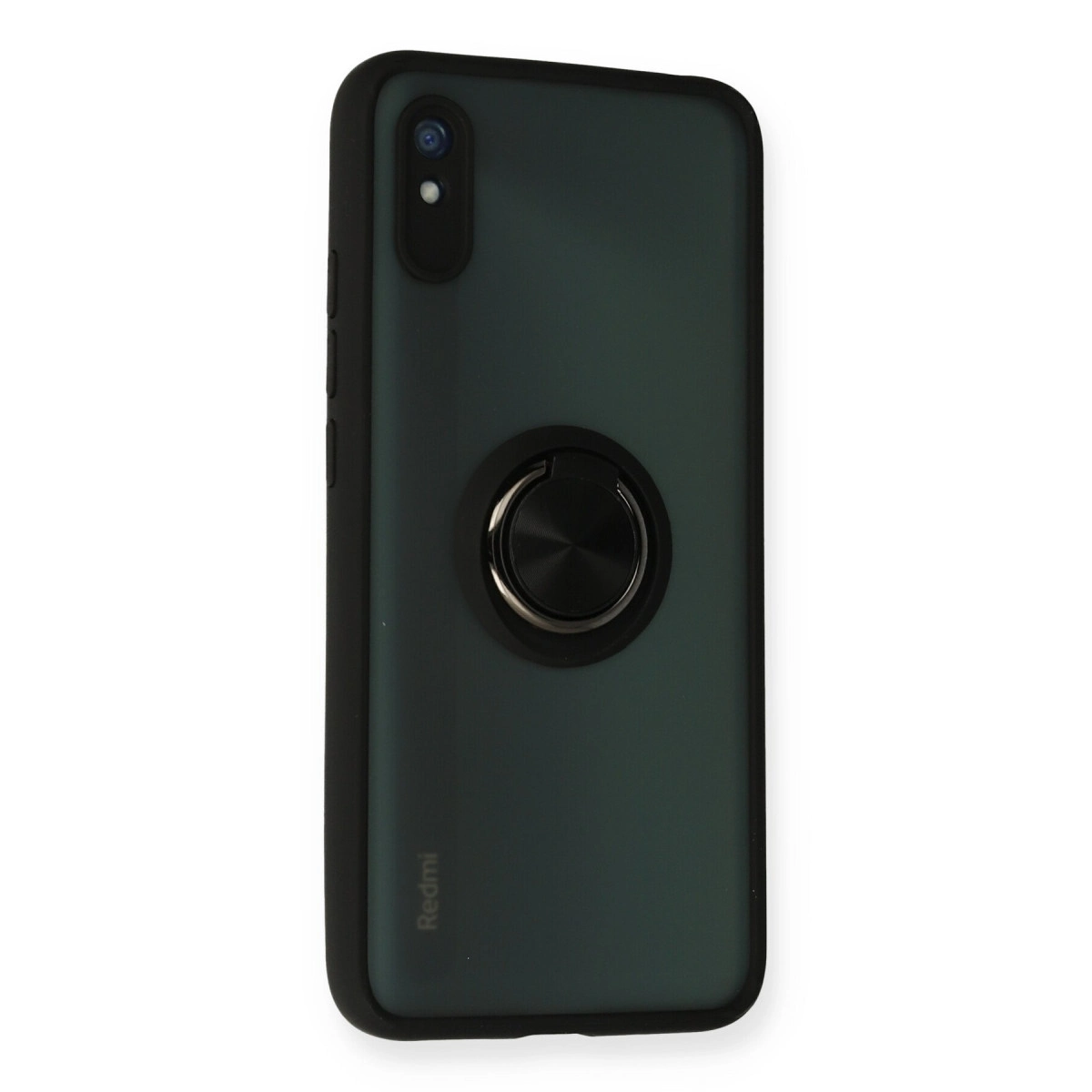 Arkada siyah halka tutuculu koyu yeşil telefon kılıfı.