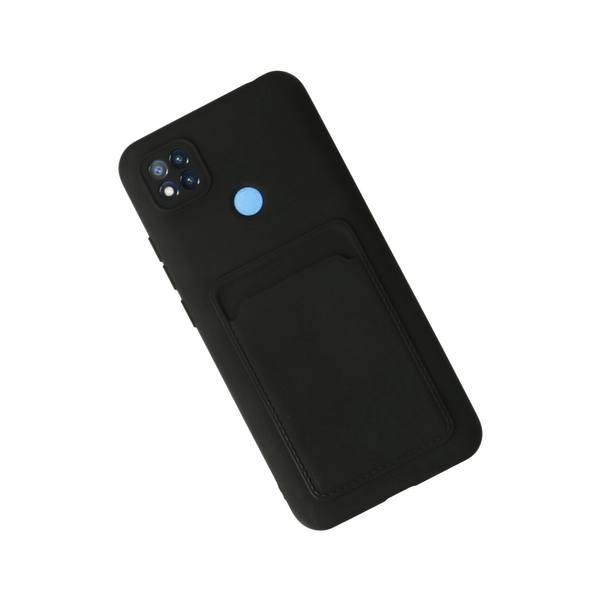 Kart yuvalı ve mavi daireli siyah telefon kılıfı beyaz arka plan üzerinde.