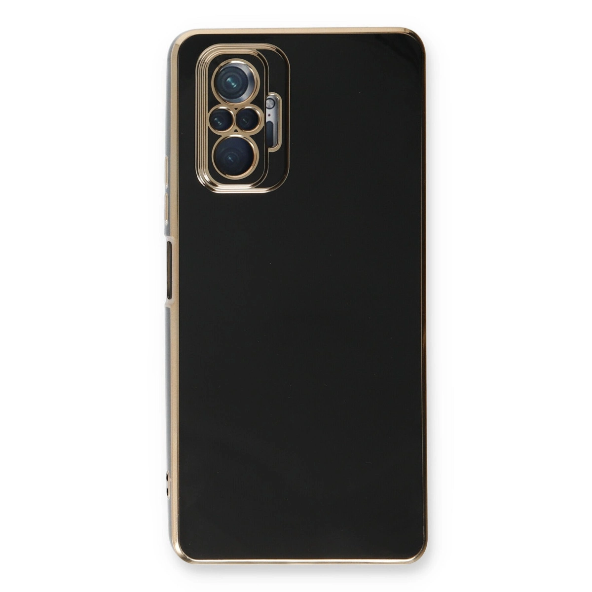 Altın çerçeveli ve kamera modüllü siyah telefon kılıfı.