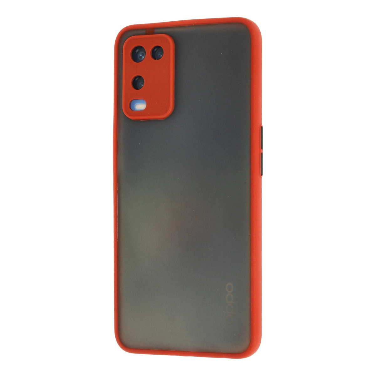 Kırmızı kenarlı ve kırmızı kamera yuvalı siyah telefon kılıfı.