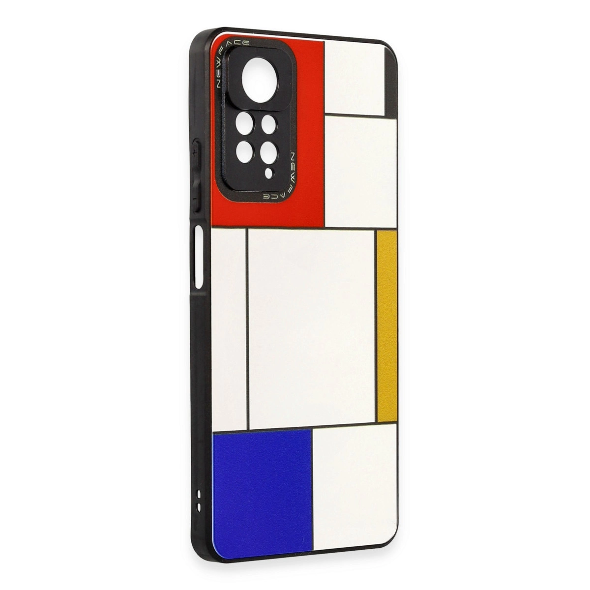 Kırmızı, mavi ve sarı bloklardan oluşan Mondrian esintili tasarıma sahip telefon kılıfı.