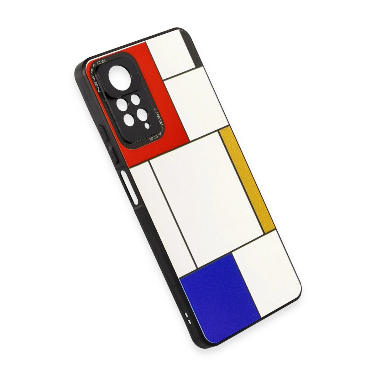 Siyah arka plan üzerinde kırmızı, mavi, sarı ve beyaz Mondrian tasarımlı telefon kılıfı.