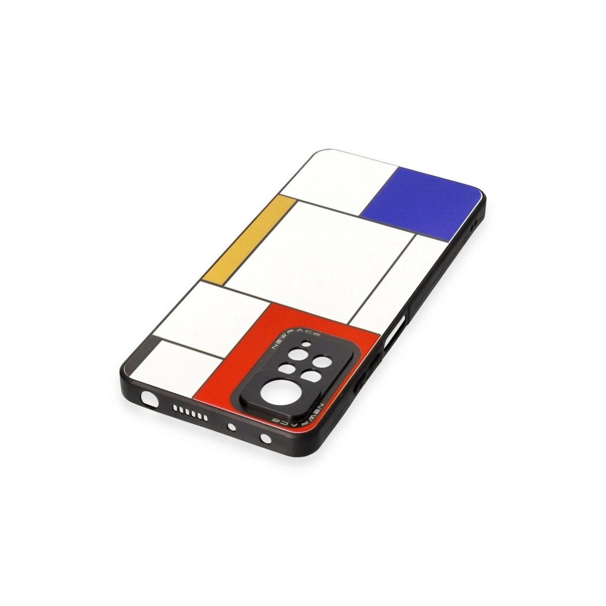 Beyaz, kırmızı, mavi ve sarı renklerde Mondrian tarzı tasarımlı telefon kılıfı.