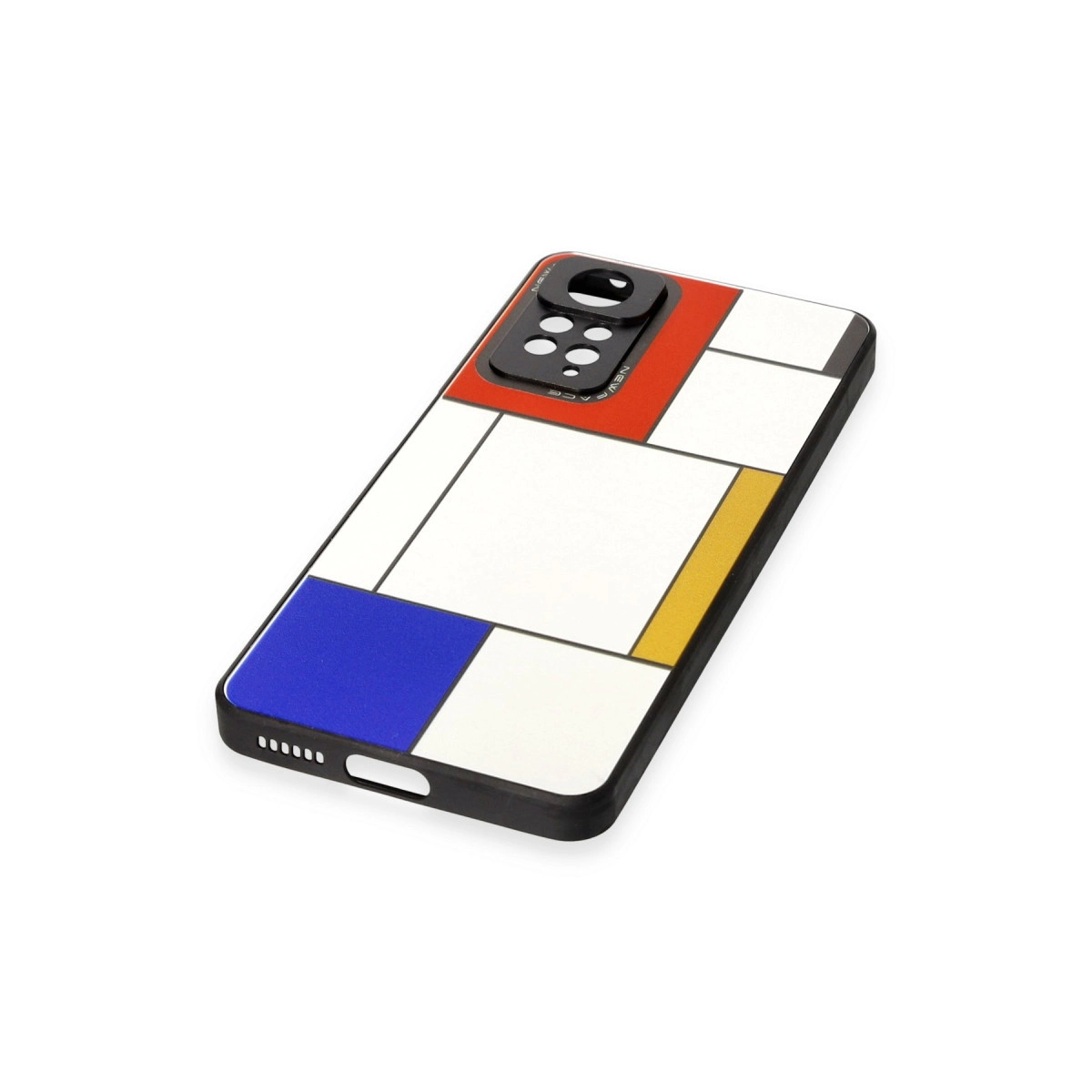 Beyaz arka plan üzerinde Mondrian tarzı desenli bir akıllı telefon.