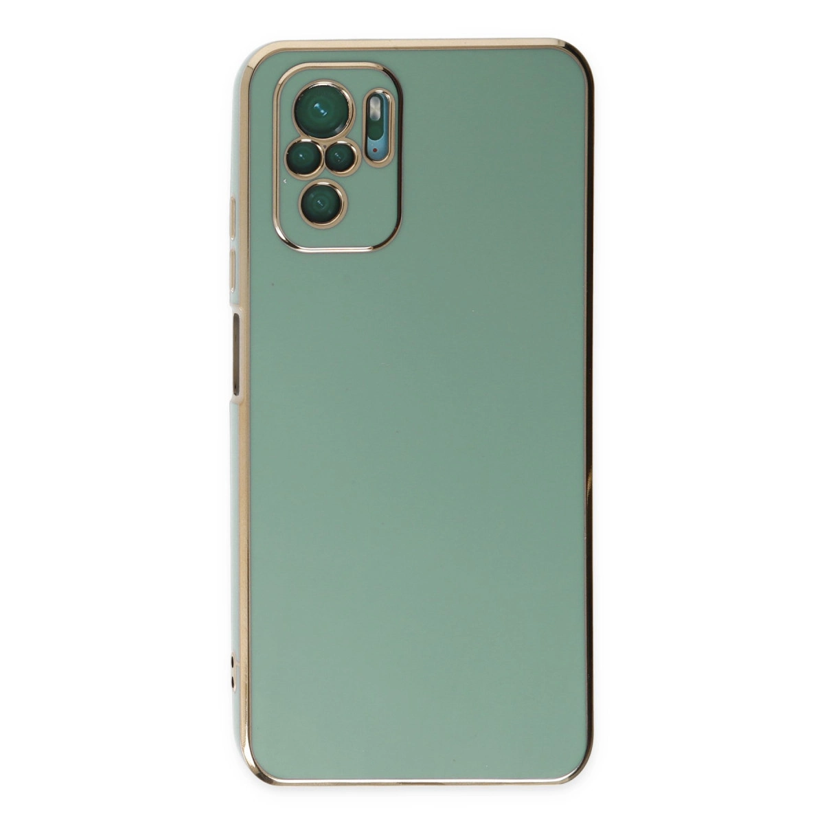Altın çerçeveli yeşil telefon kılıfı ve kamera kesiği.