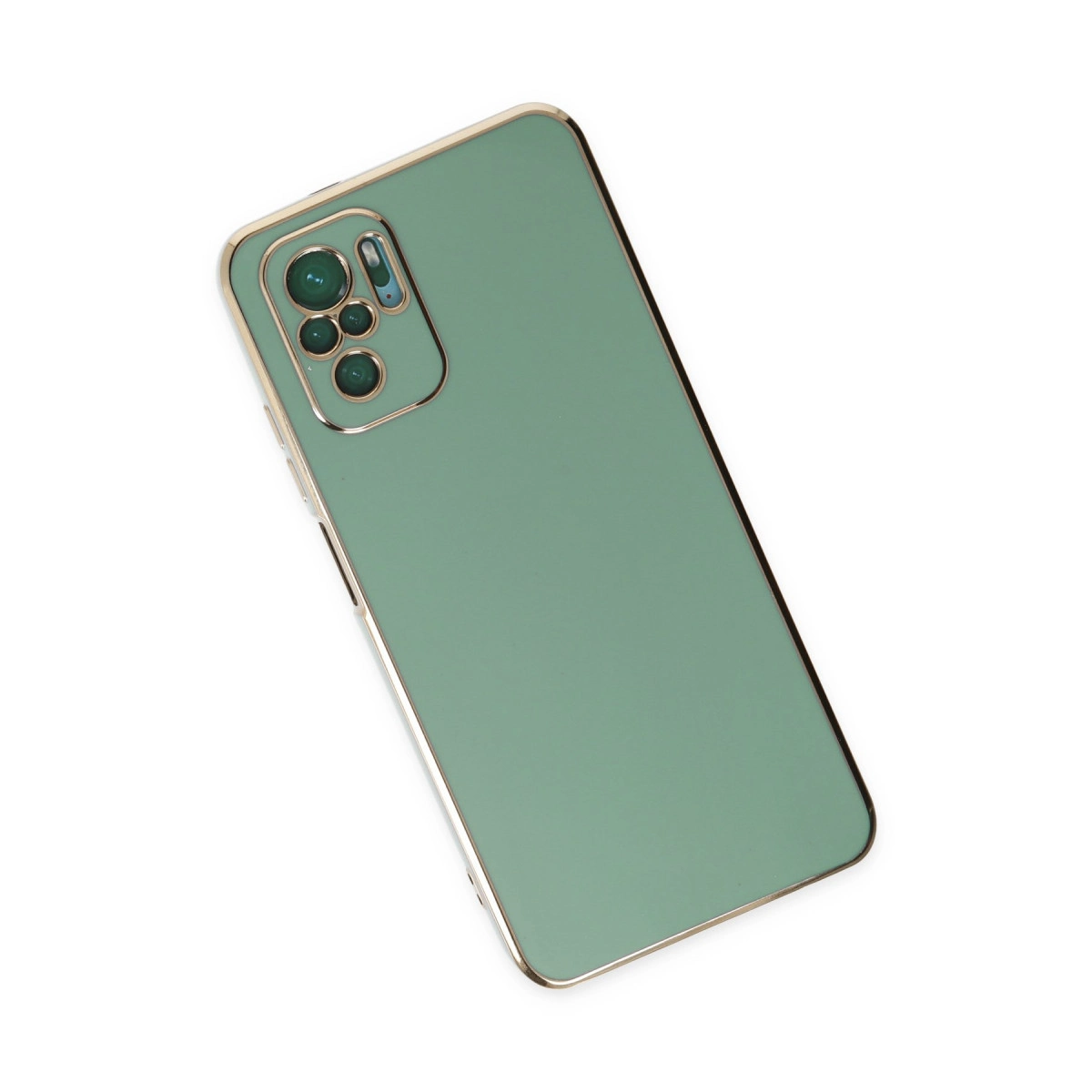Dört kamera lensli, altın çerçeveli yeşil telefon kılıfı.