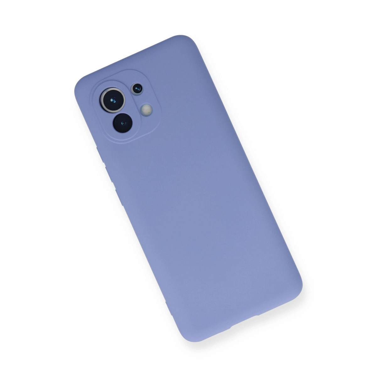 Beyaz zeminde kamera kesimli lavanta rengi telefon kılıfı.