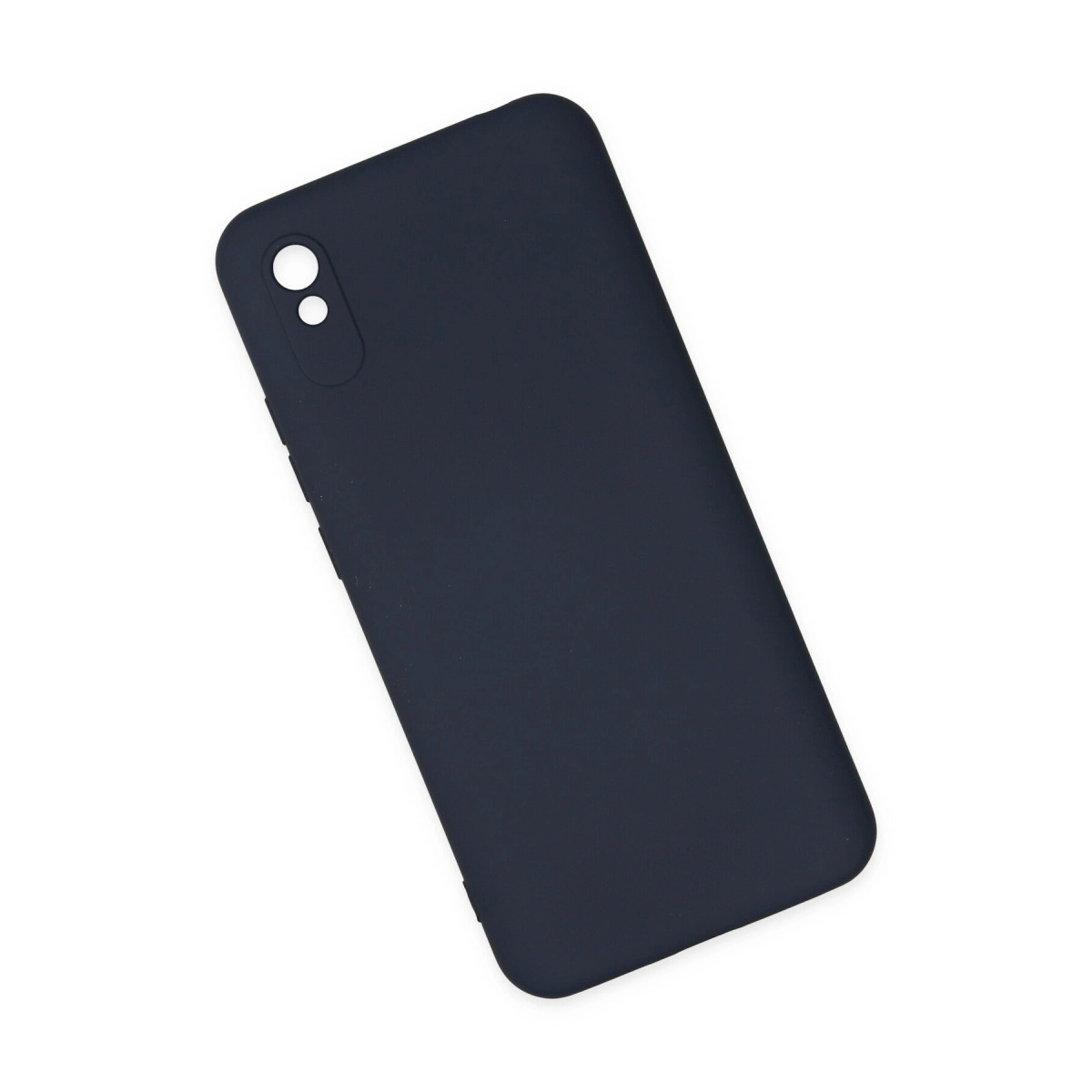 Beyaz arka plan üzerinde kamera kesimli lacivert telefon kılıfı.