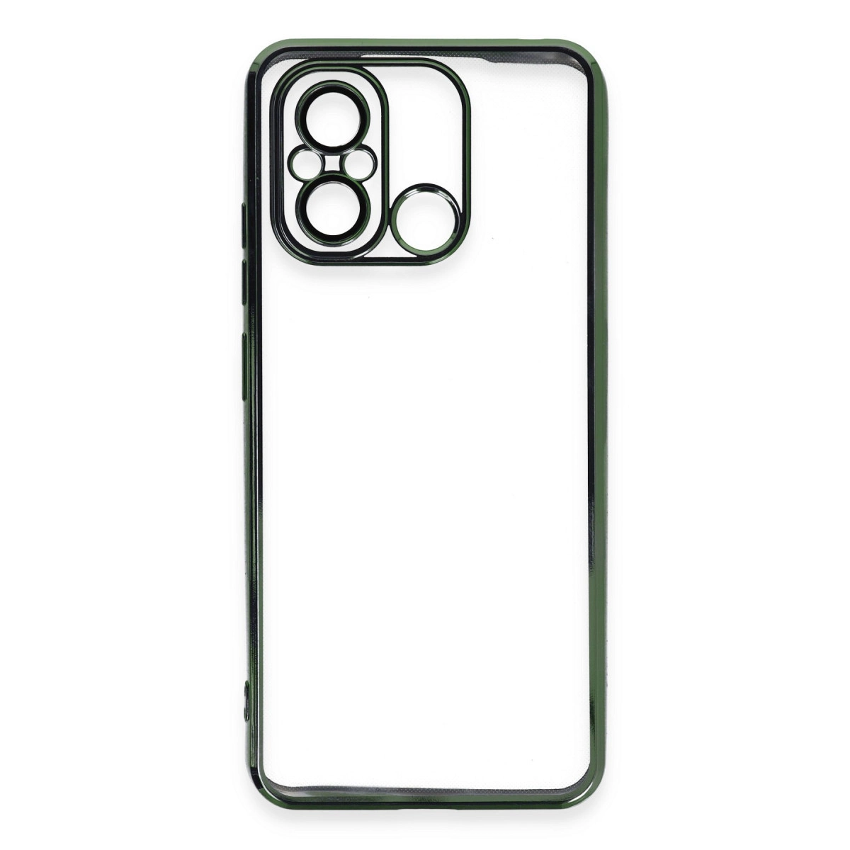 Koyu yeşil metal çerçeveli ve kamera lensi kesimli şeffaf telefon kılıfı.