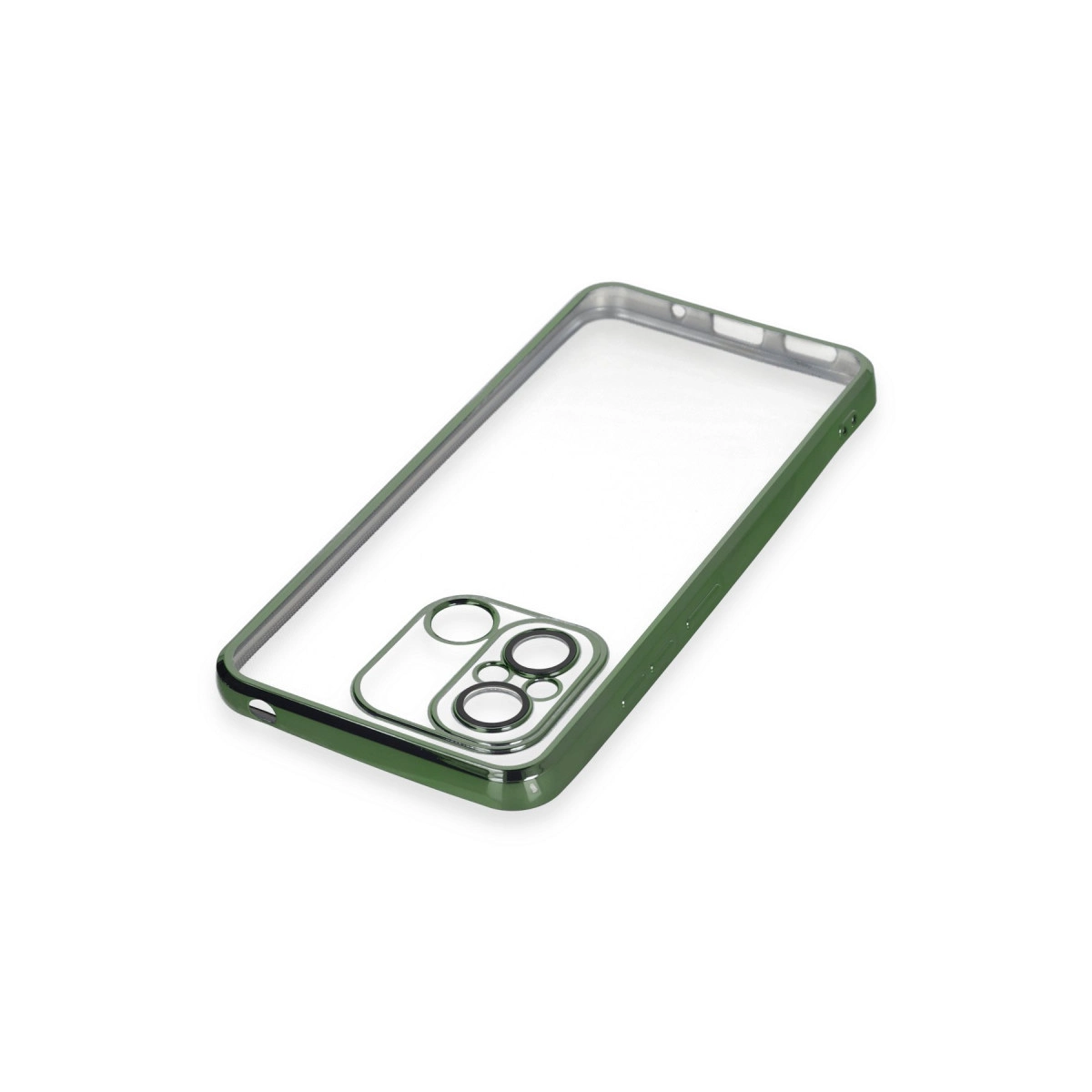 Koyu yeşil kenarlı ve kamera kesimli şeffaf telefon kılıfı.