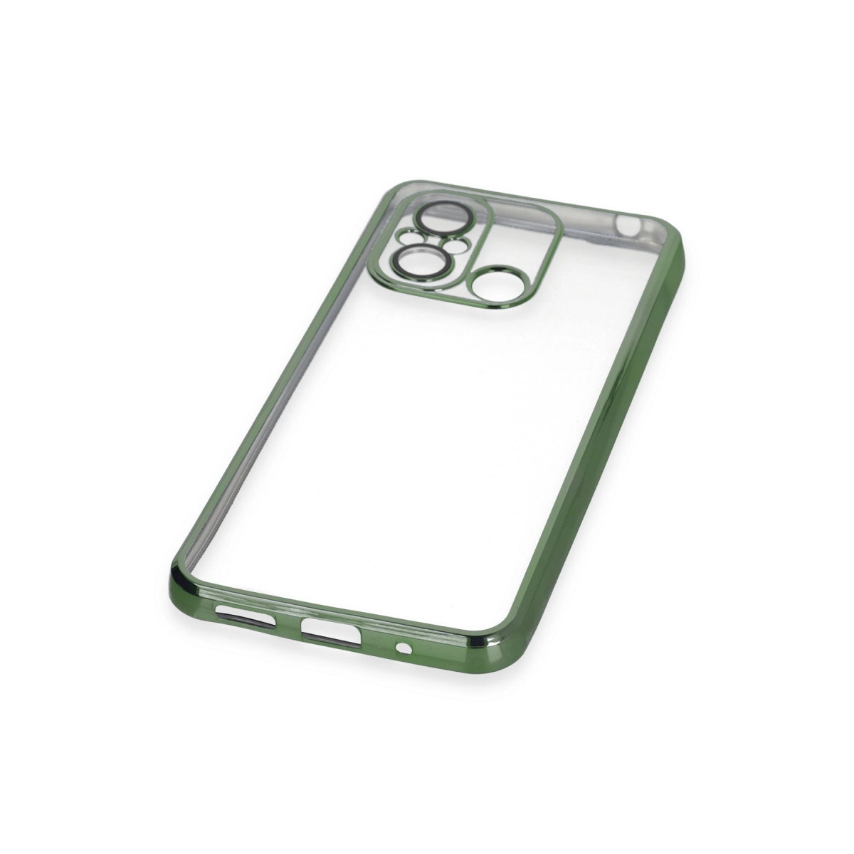 Yeşil kenarlı ve kamera kesimli şeffaf telefon kılıfı.
