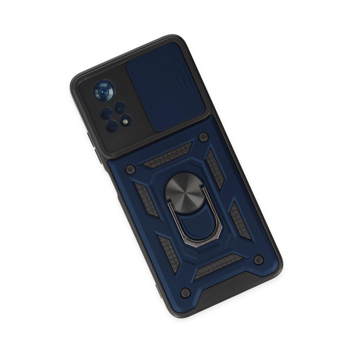 Kamera kapaklı ve halka tutuculu koyu mavi telefon kılıfı.