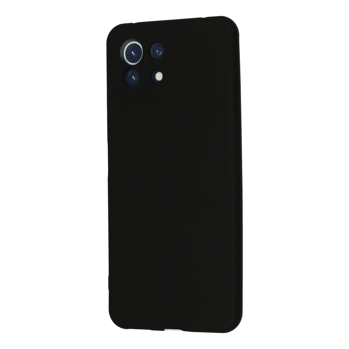 Arkada üç kamera ve flaşlı siyah telefon kılıfı.