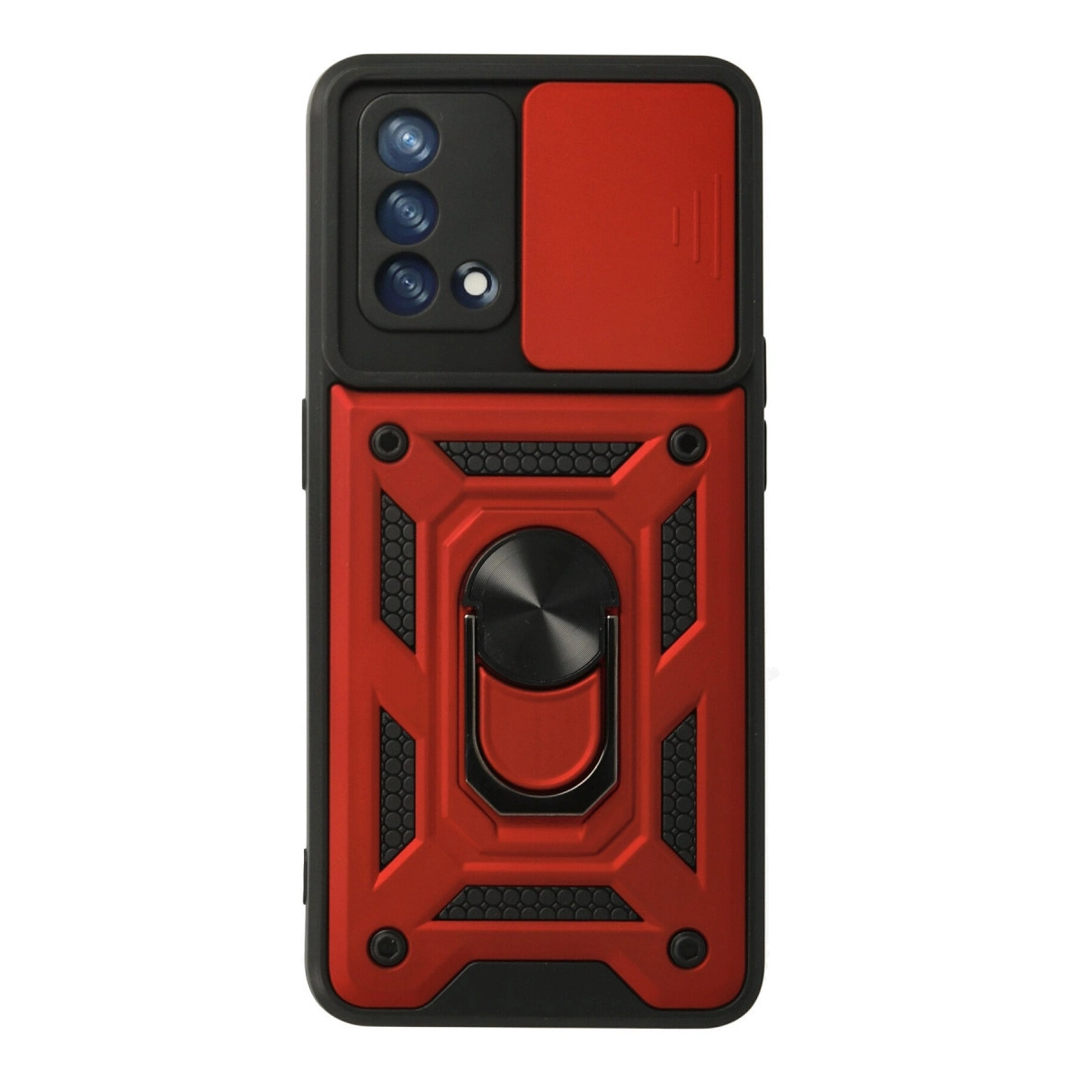 Kamera kapaklı ve metal halka ayaklı kırmızı ve siyah telefon kılıfı.