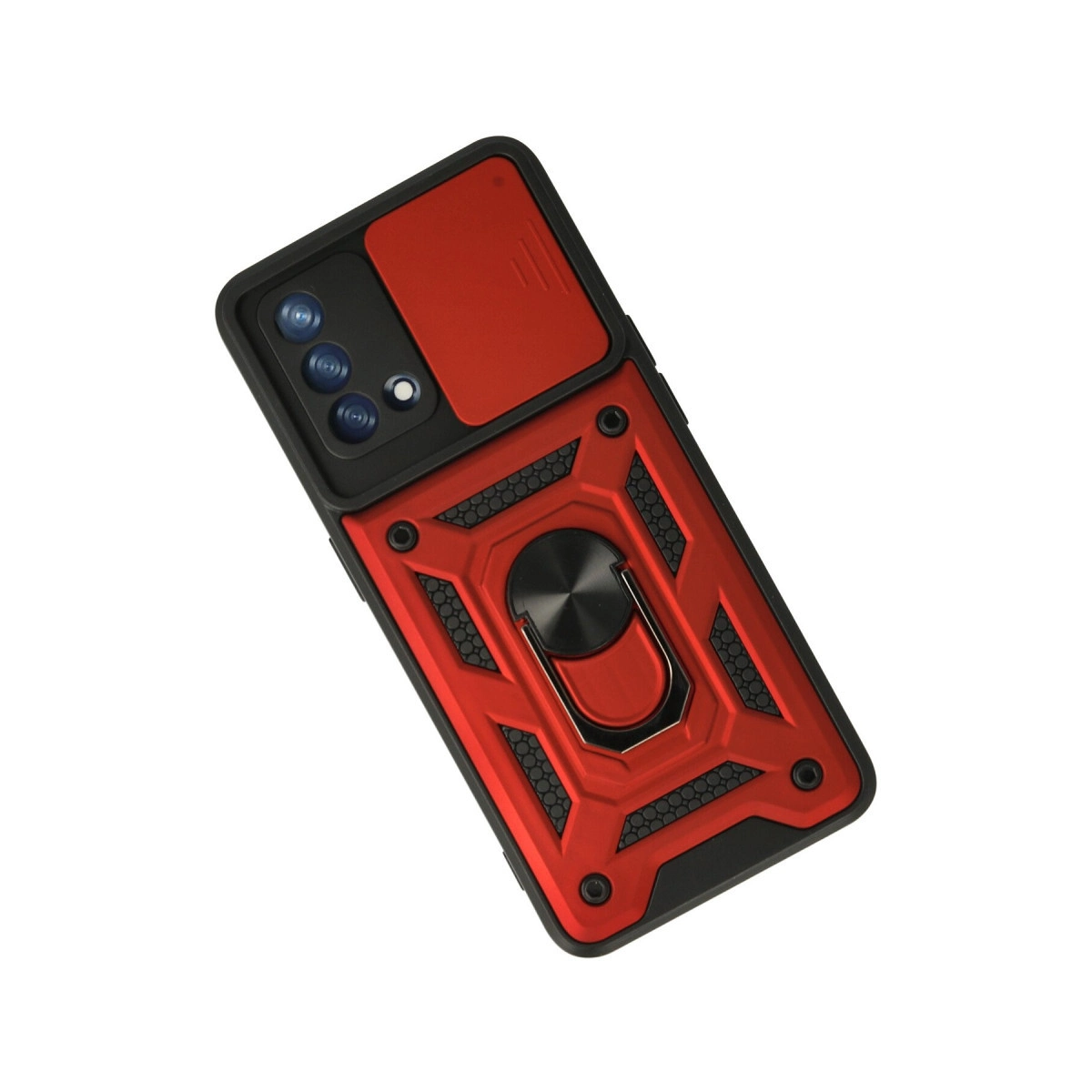Entegre halkalı ve kayar kamera kapaklı kırmızı telefon kılıfı.
