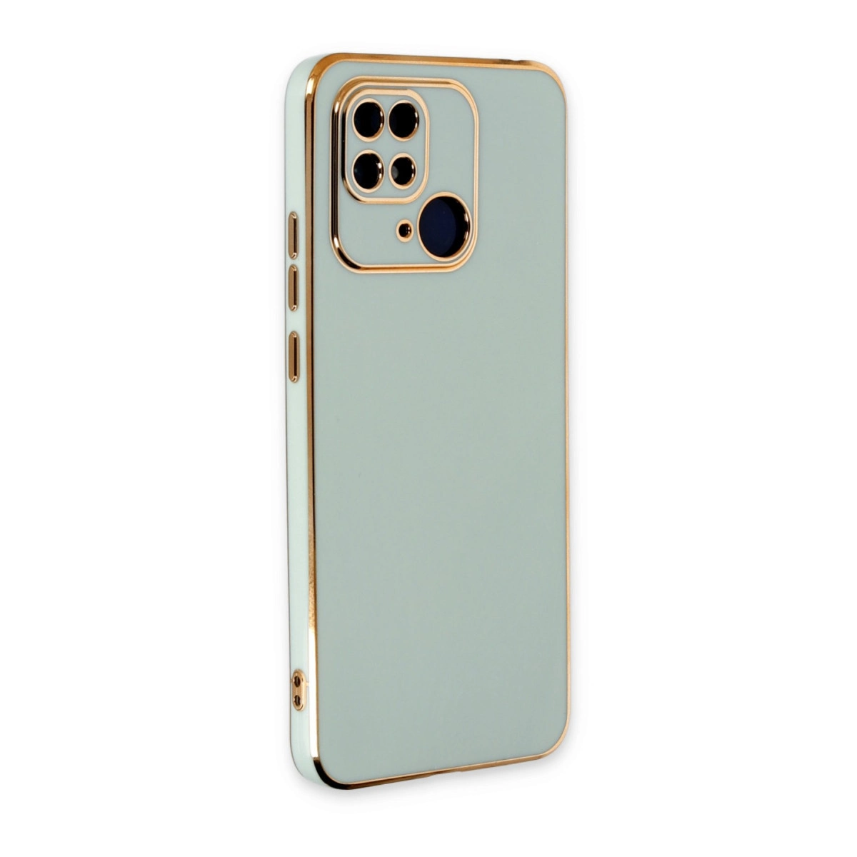 Altın kenarlı, kamera korumalı, düğmeli açık yeşil telefon kılıfı.