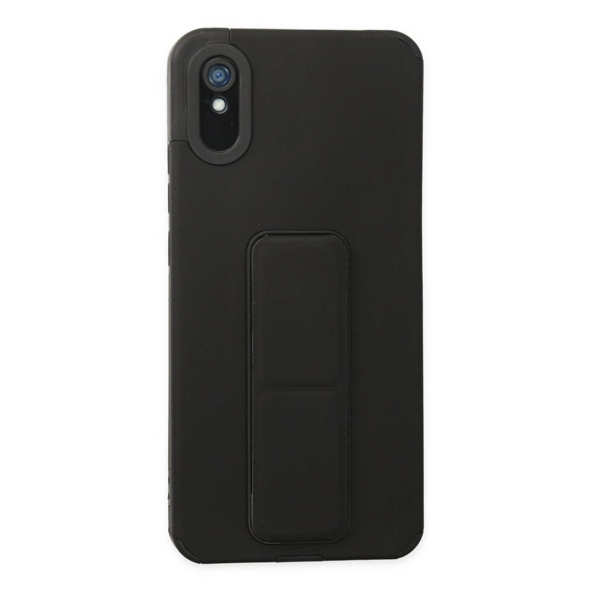 Kamera oyuntulu ve dikey tutamaçlı siyah iPhone kılıfı.