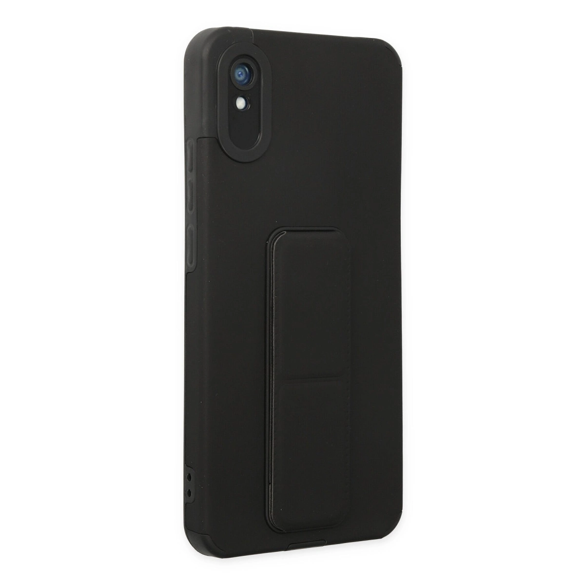 Entegre tutma yeri ve kamera kesiği olan siyah telefon kılıfı.