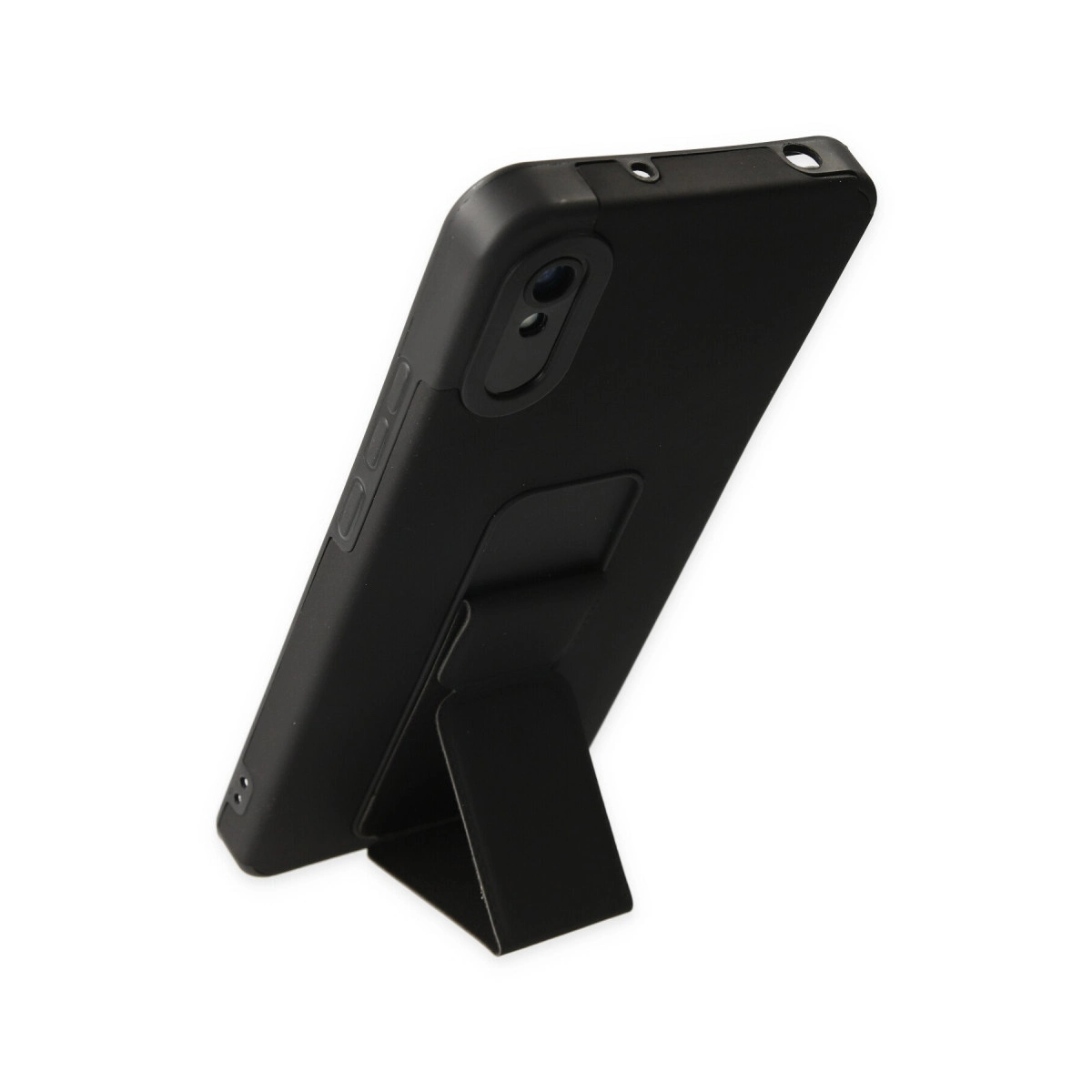 Entegre stantlı siyah telefon kılıfı, beyaz arka plan üzerinde.