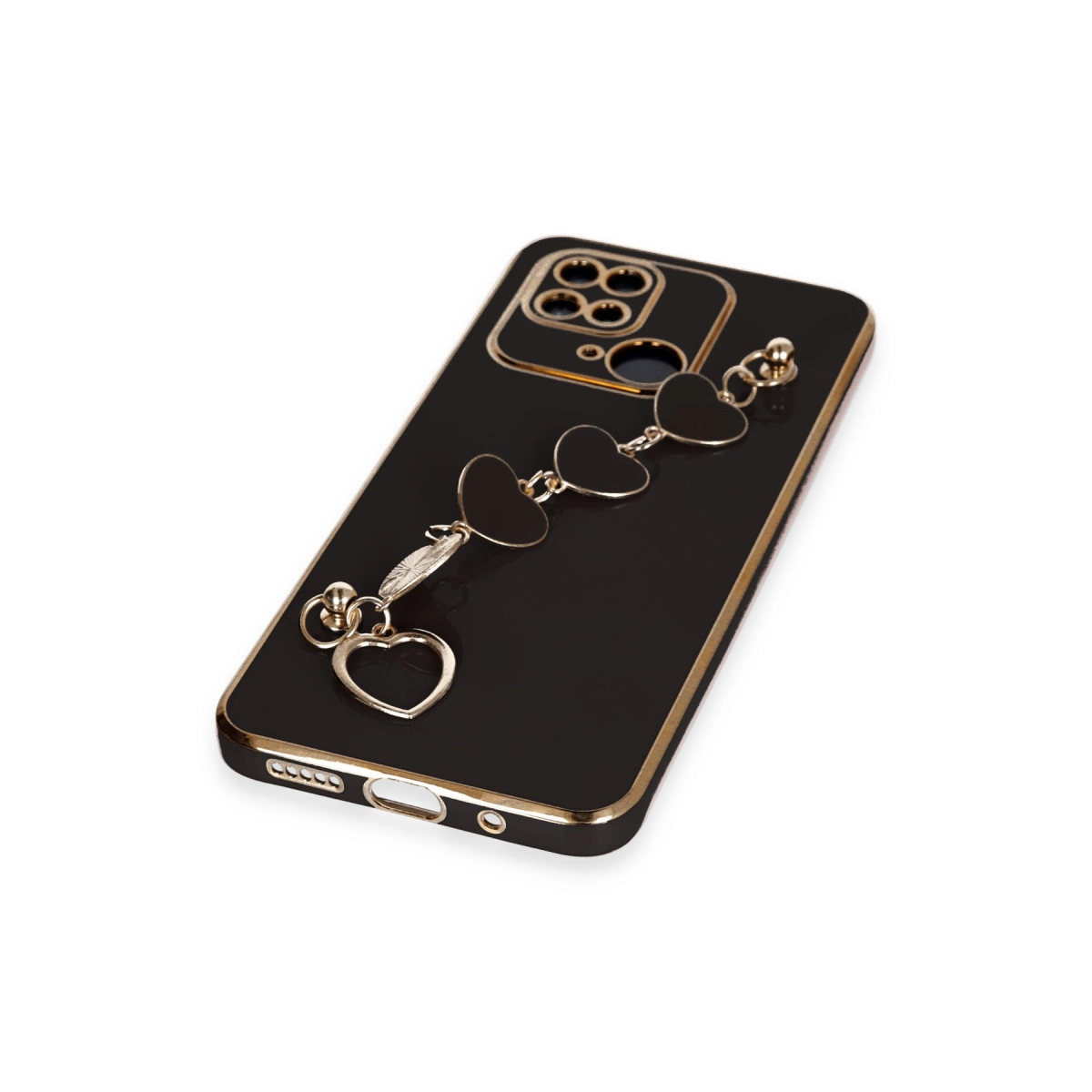 Altın kenarlı siyah telefon kılıfı ve kalp figürlü charm zinciri.