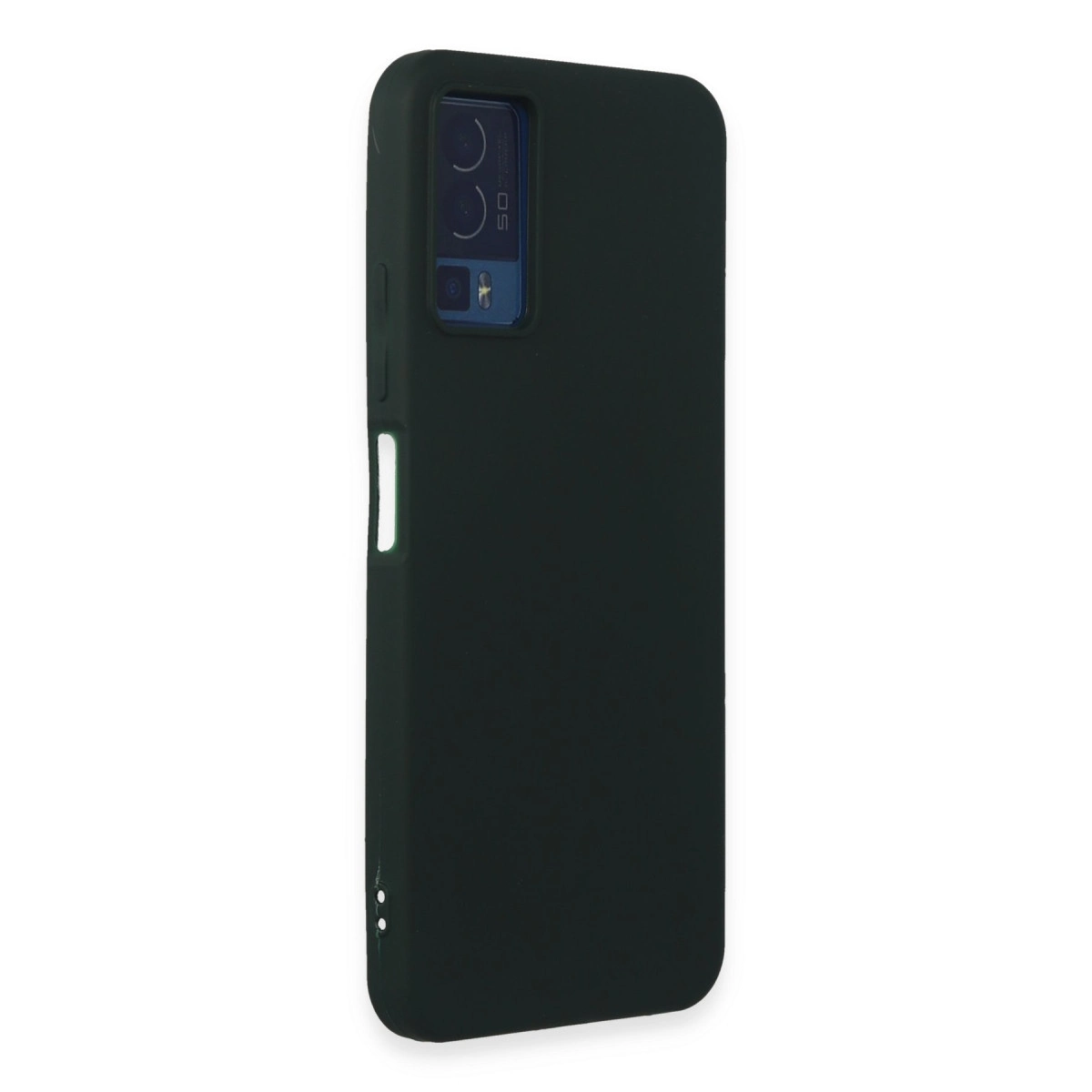 Arkada kamera kesimli koyu yeşil akıllı telefon kılıfı.