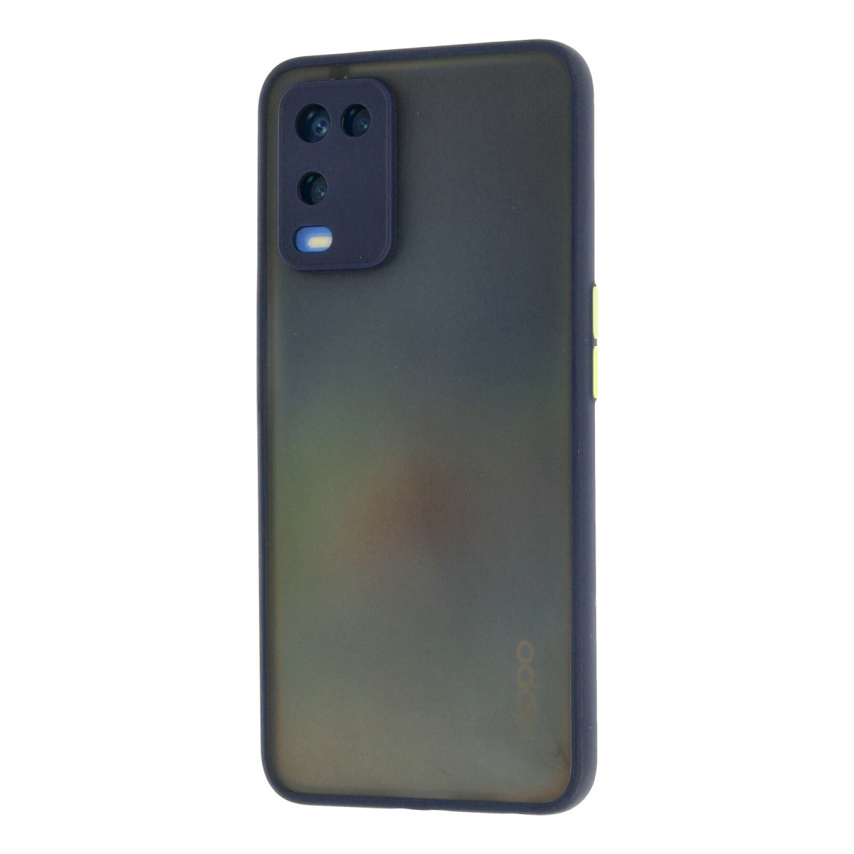 Kamera çıkıntısı ve sarı düğmeleri olan koyu gri telefon kılıfı.