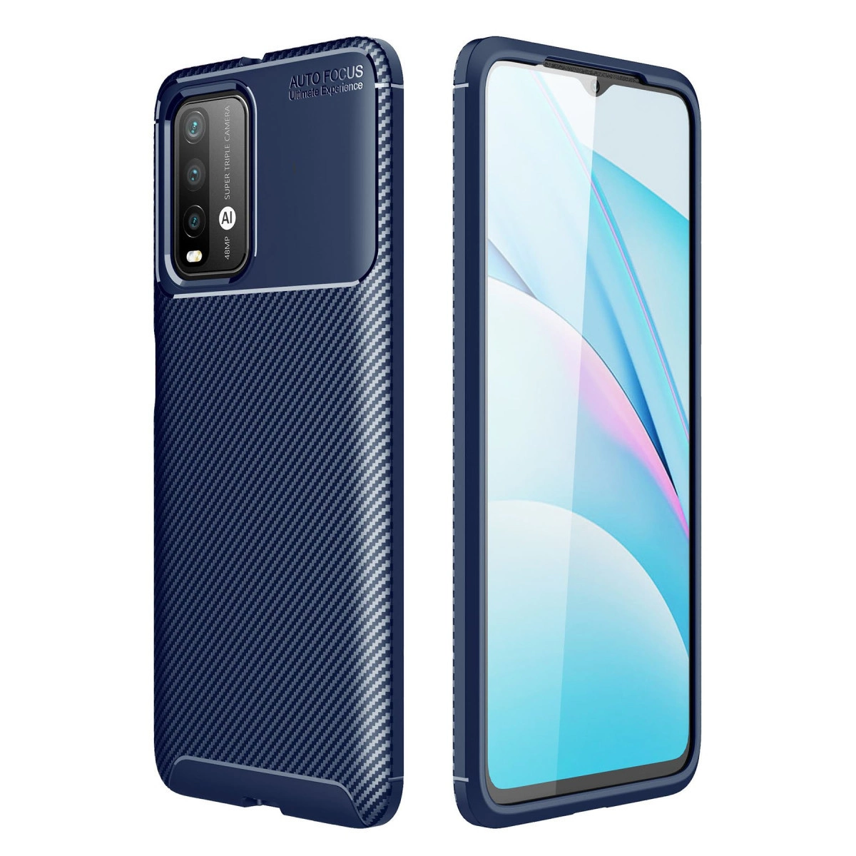 Karbon desenli ve kamera modüllü lacivert telefon kılıfı.