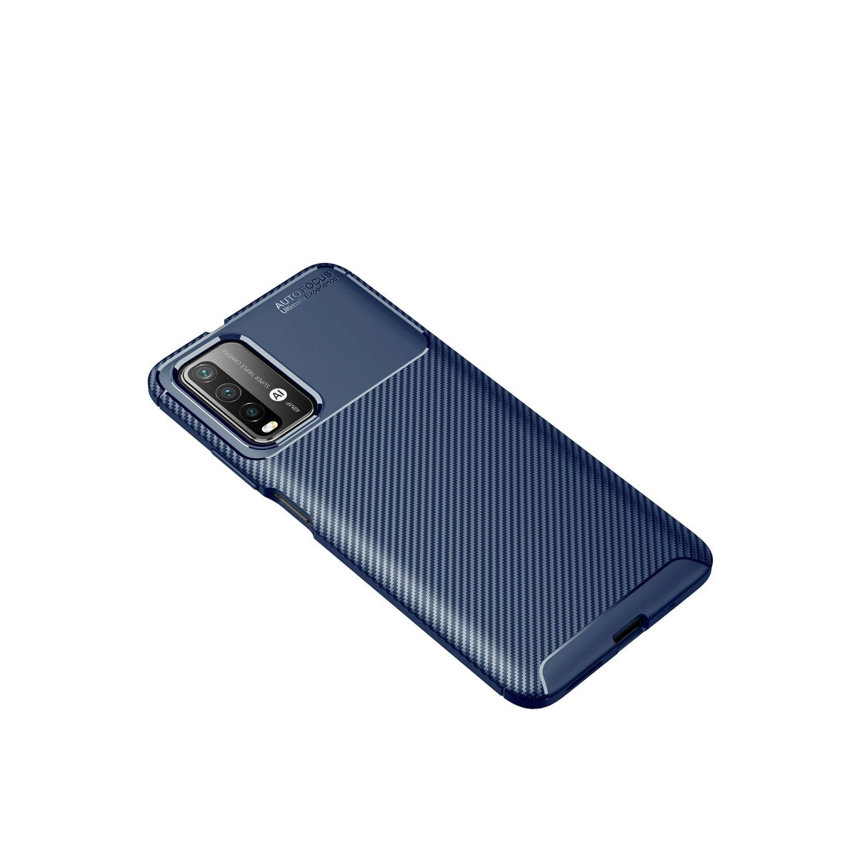 Karbon fiber desenli, üçlü arka kameralı lacivert telefon kılıfı.