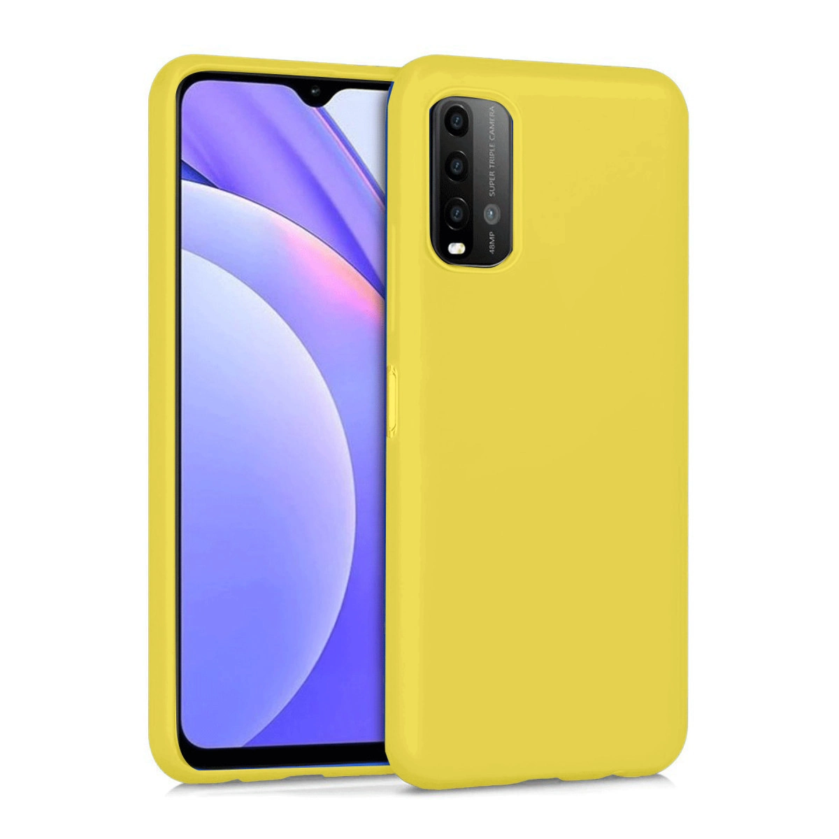 Mor arka planlı bir akıllı telefonun yanında sarı bir telefon kılıfı duruyor.