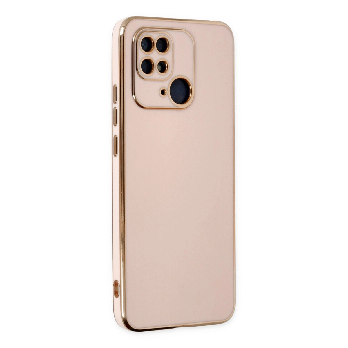 Kare kamera modülü oyuntusuna sahip, pembe altın rengi telefon kılıfı.