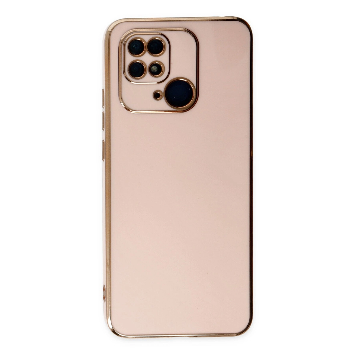 Dört lensli kare kamera modülüne sahip pembe telefon kılıfı.