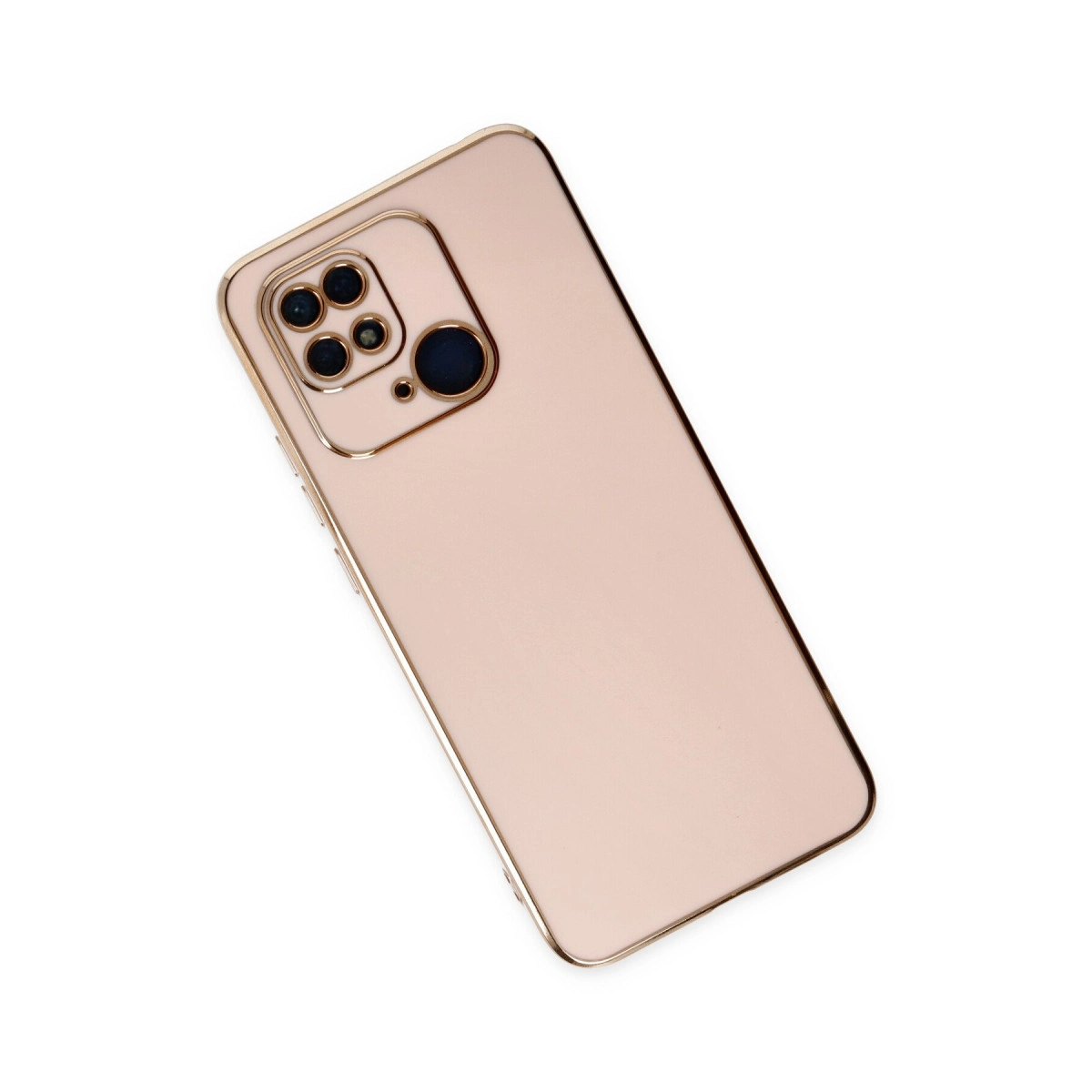 Dört lensli kamera modülüne sahip roze altın rengi telefon kılıfı.