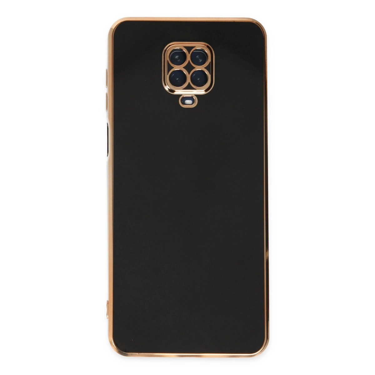 Dört kamera lensli, altın kenarlı siyah telefon kılıfı.