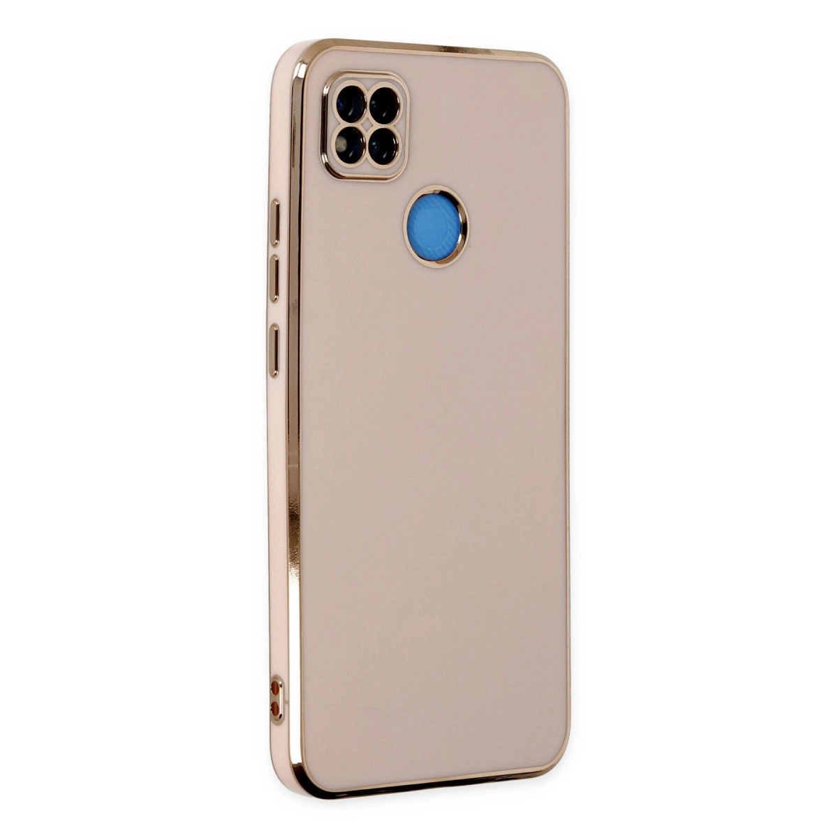 Dört kamera lensli ve mavi parmak izi sensörlü, rose gold telefon kılıfı.
