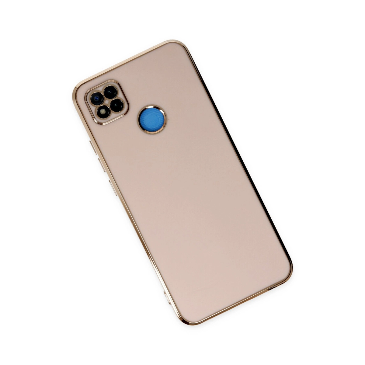 Dört kameralı ve mavi parmak izi sensörlü, roze altın rengi telefon.