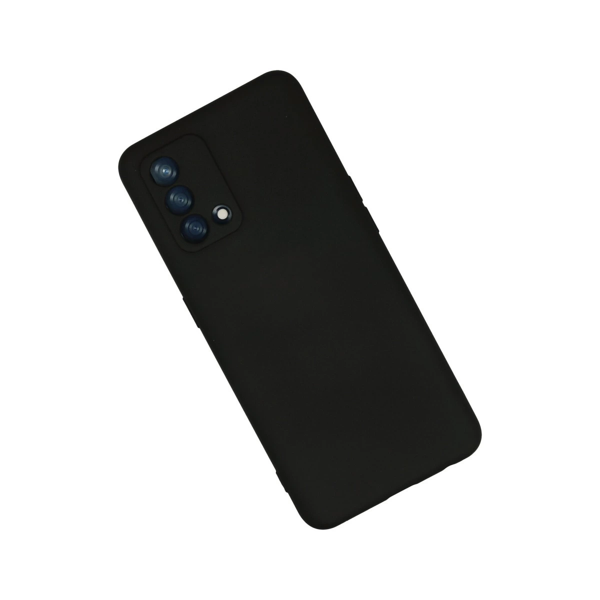 Arkada üçlü kamera dizilimi ve flaşı olan siyah akıllı telefon, beyaz üzerinde izole.
