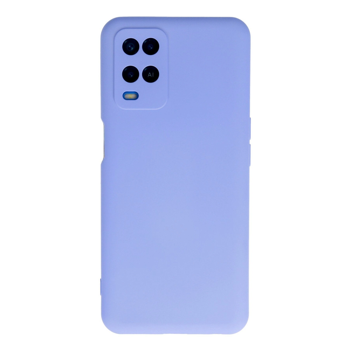 Dört lensli ve flaşlı dikdörtgen kamera modülüne sahip mor telefon kılıfı.