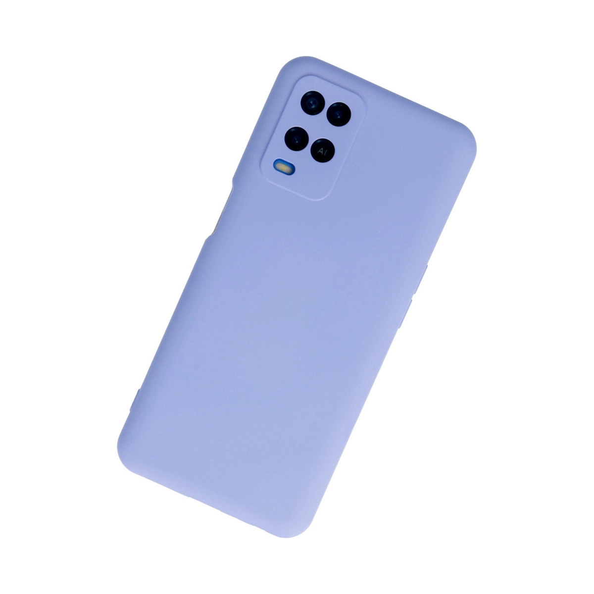 Açık mor telefon kılıfı beyaz zeminde gösteriliyor. Kılıfın kamera kesiği var.