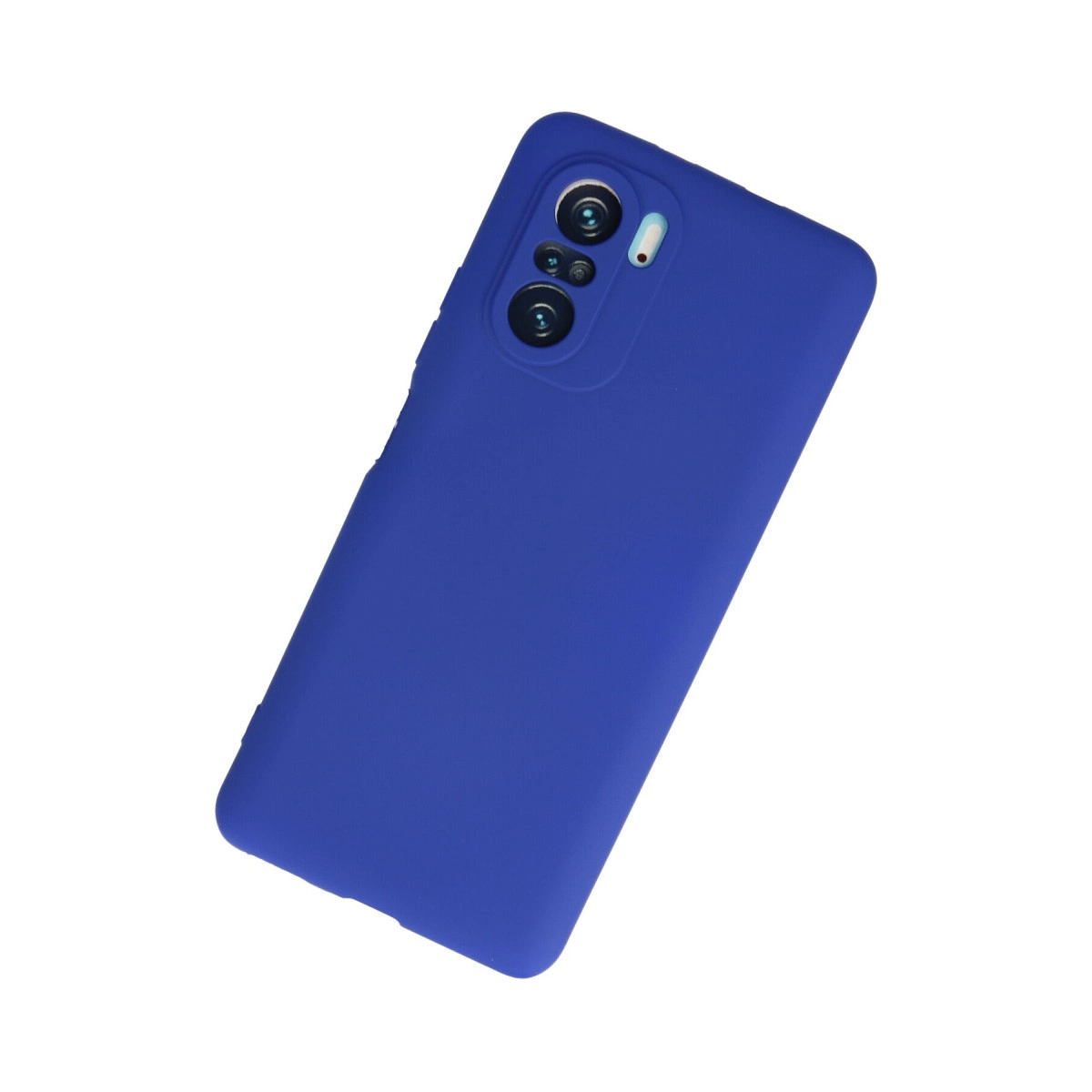 Beyaz arka planda kamera kesimli mavi telefon kılıfı.