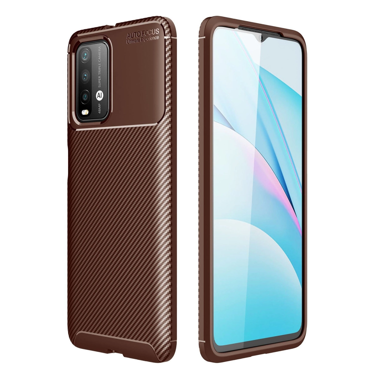 Üç kameralı kahverengi karbon dokulu telefon kılıfı. Yanında bir akıllı telefon.
