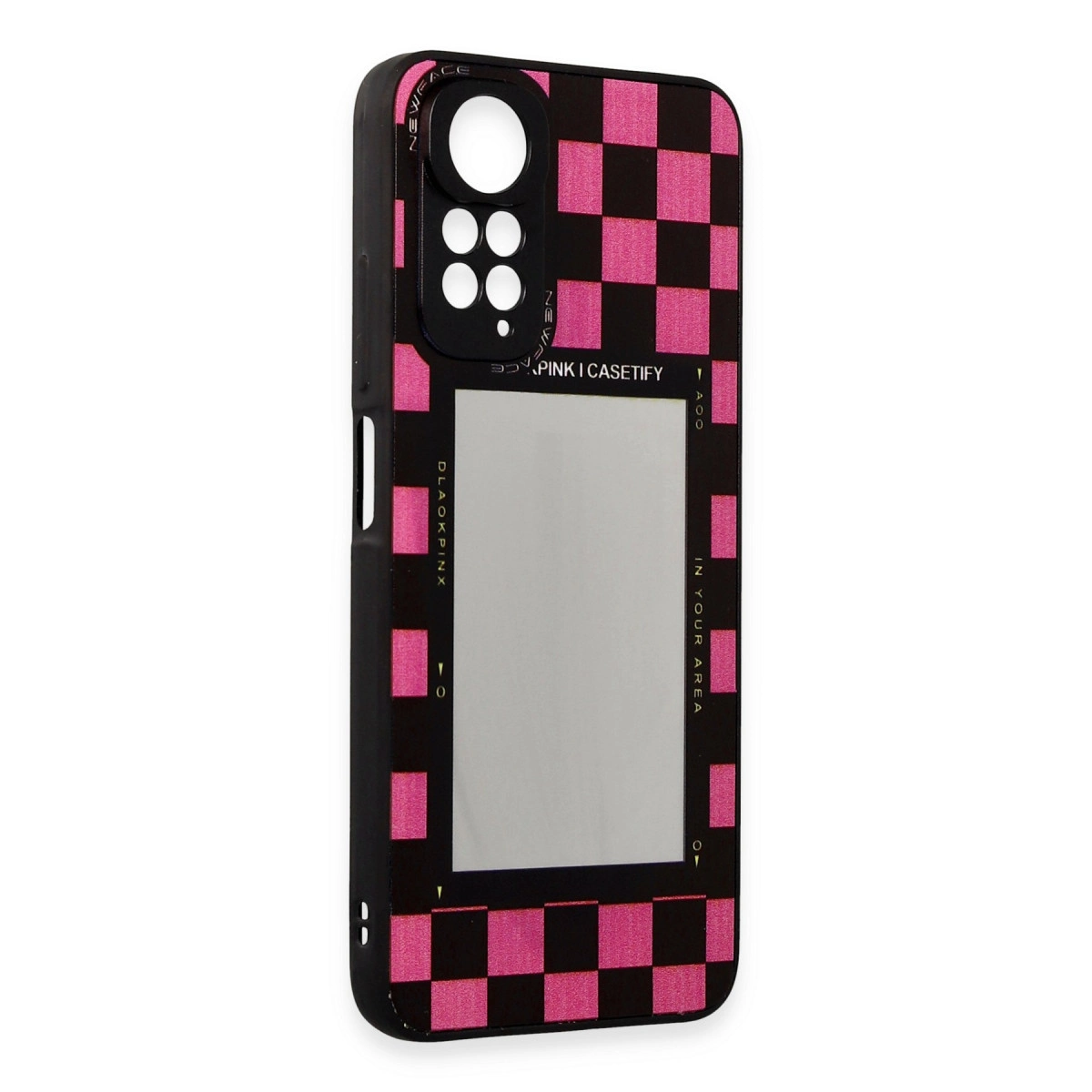 Pembe kareli desenli ve aynalı siyah telefon kılıfı.