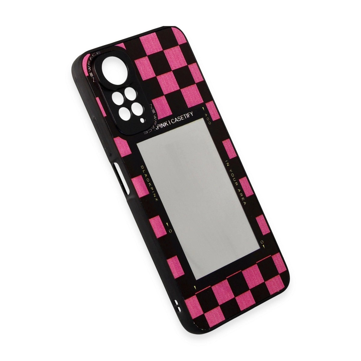 Pembe damalı desenli ve dikdörtgen aynalı siyah telefon kılıfı.